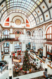 view of a decorated hotel lobby